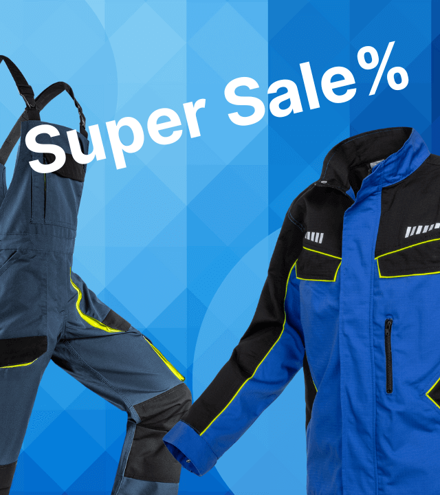 Eine Kobaltblaue Arbeitslatzhose und eine blaue Arbeitsjacke hinter dem Schriftzug "Super Sale%"